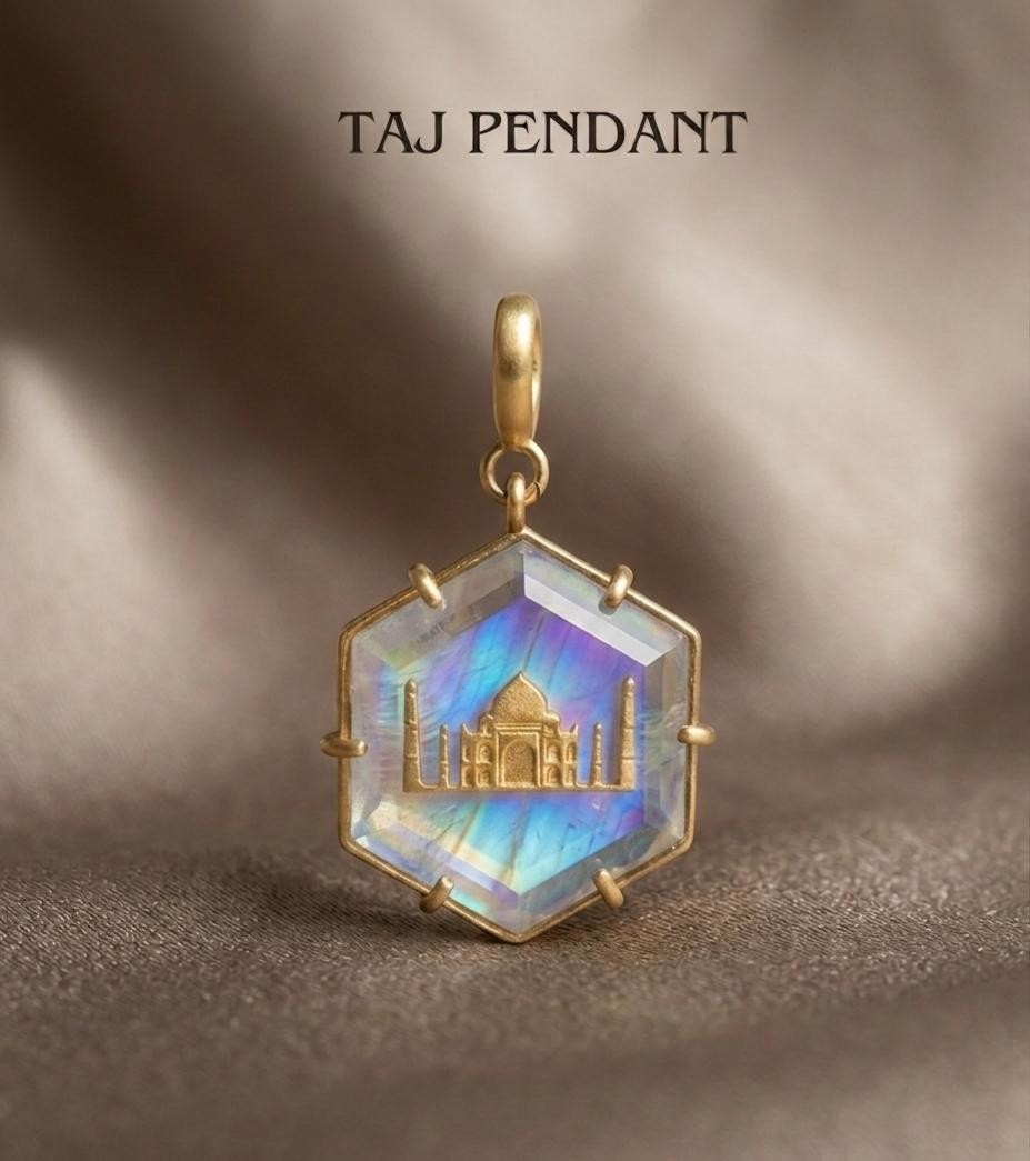 Natural Rainbow Moon Stone Taj mahal Pendant 925 sterling silver gold plated