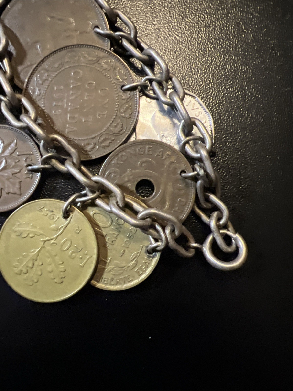 Vintage 835 Continental Silver Coin Charm Bracelet Travel World Coins European