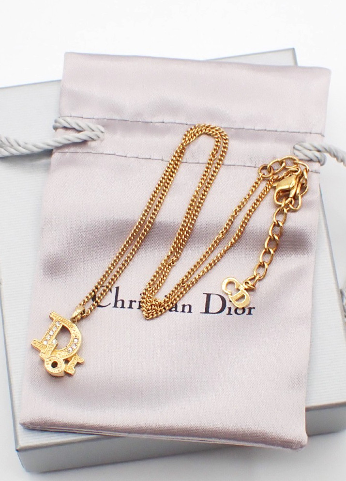 CHRISTIAN DIOR Logo Rhinestone Chain Necklace Pendant Gold Plated 02YJ116