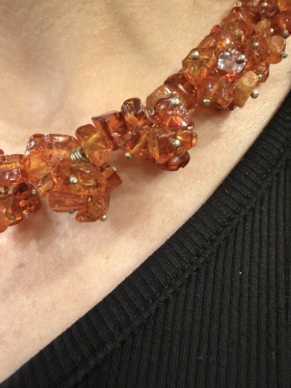 Vintage Genuine Amber Cluster Nugget Necklace Collar Style Orange Red 65g
