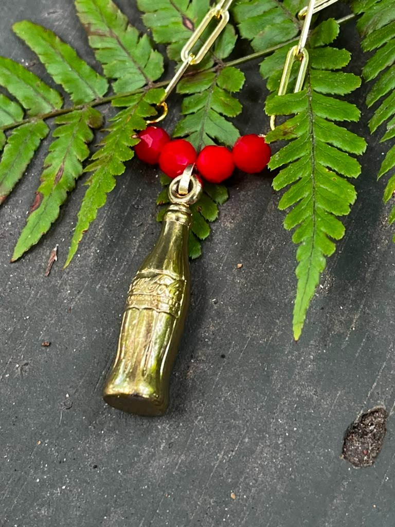 Vintage Coca-Cola Promotional Gold Tone Bottle Charm Necklace, Red Bead Gold Pla