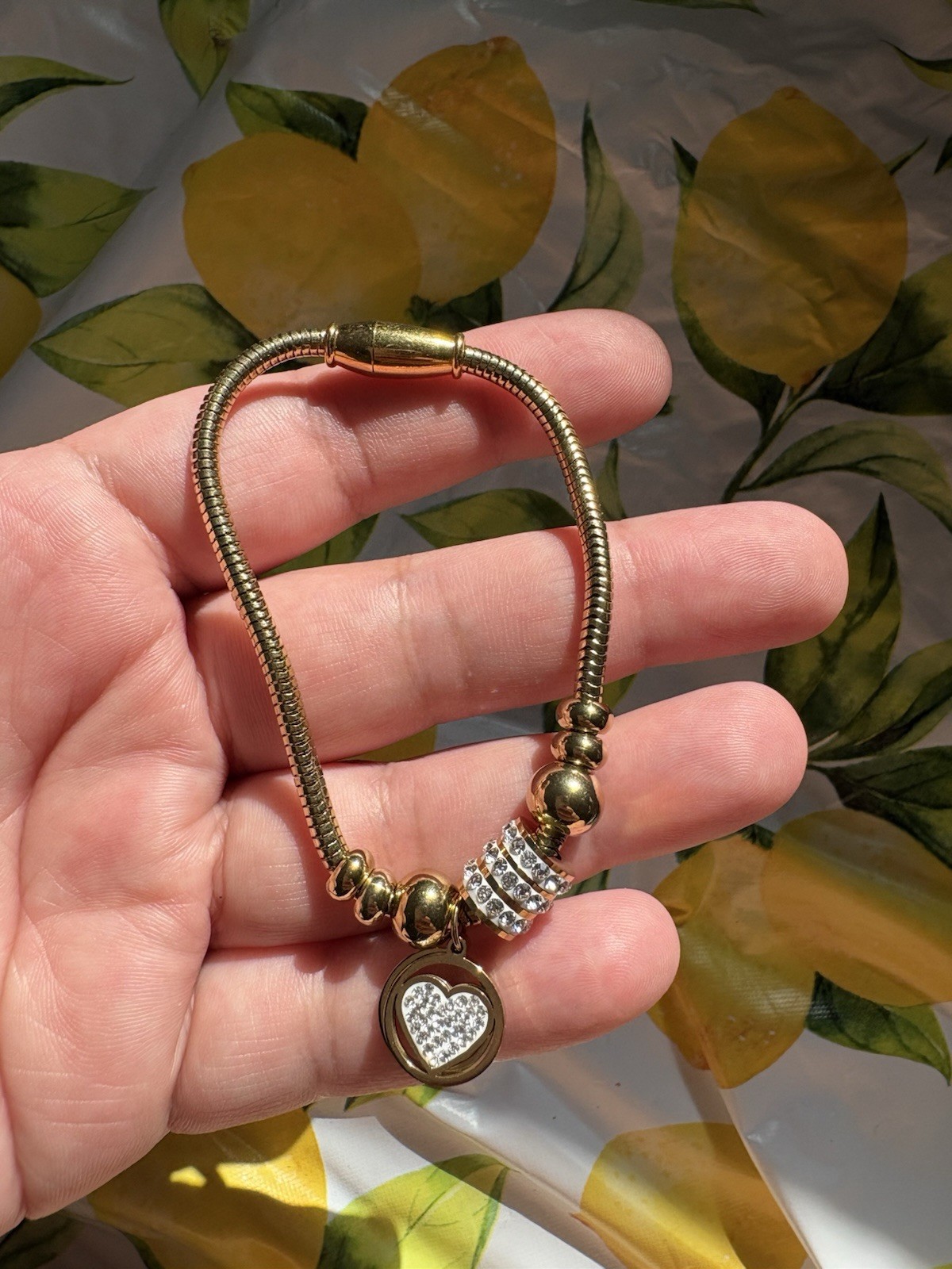 Gold Tone Snake Chain Slide Charm Bracelet Heart Dangle Clear Pavé Crystals