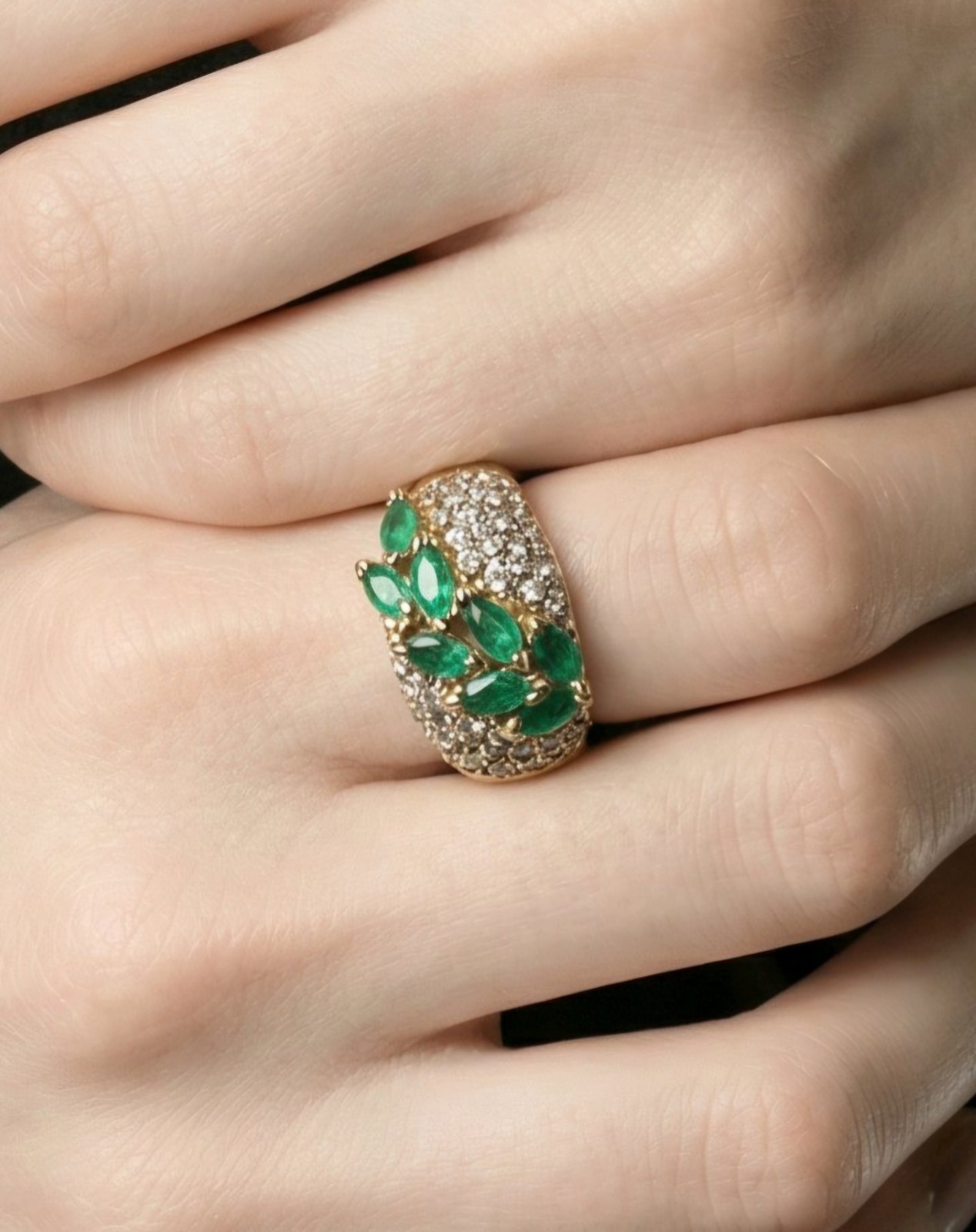 14K Gold Emerald & Diamond Ring BH Hallmark Effy Era Marquise Cluster