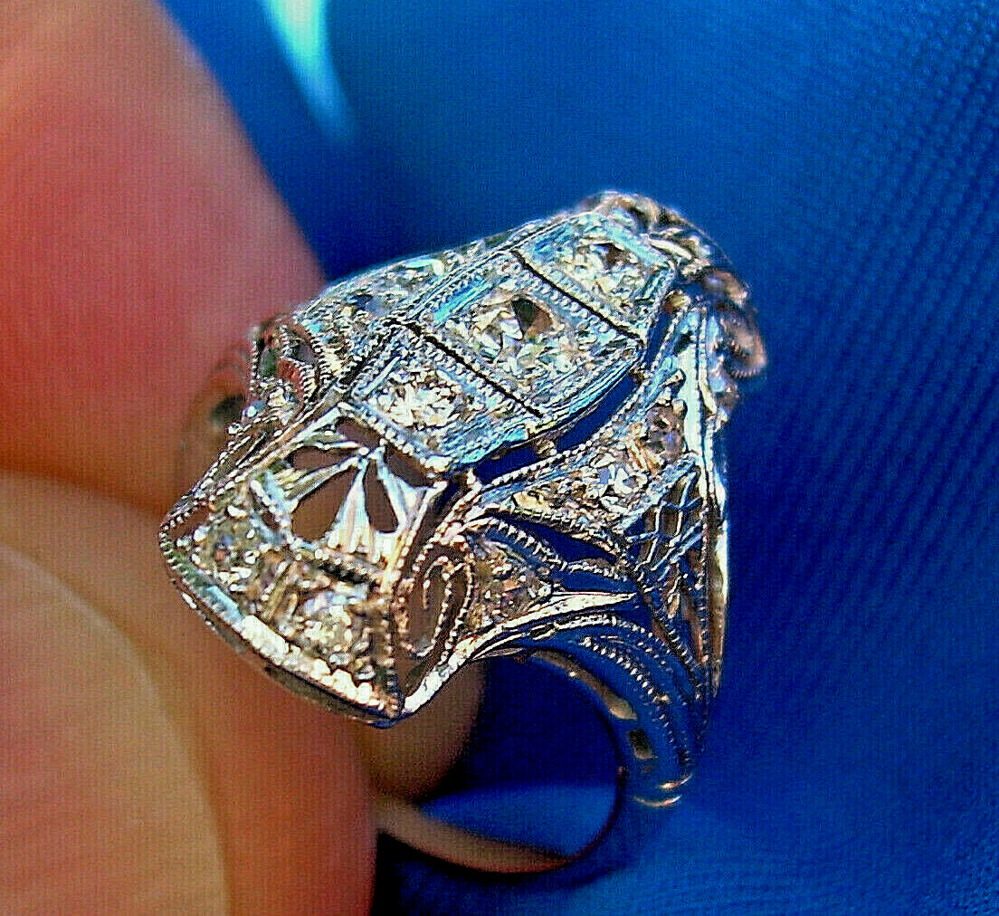 Originbal EARTH MINED DIAMOND ART Deco Engagement Ring Antique PLATINUM Filigree