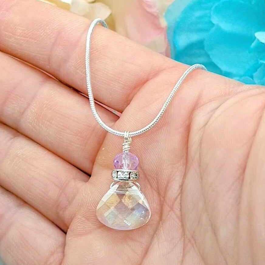Crystal Teardrop Pendant Silver Snake Chain Necklace 18 Inch, Ladies Fashion