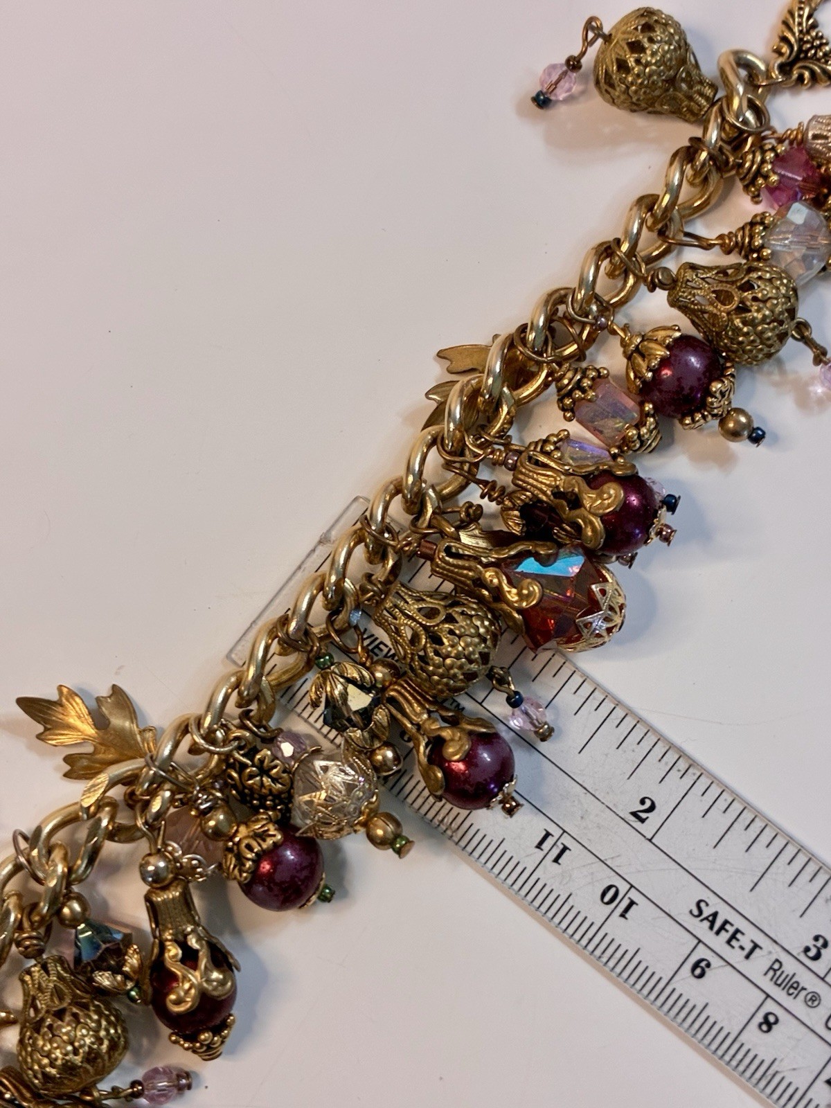 Gold Tone Cable Chain Charm Bracelet Toggle w/ Crystal Dangle Leaf Charms