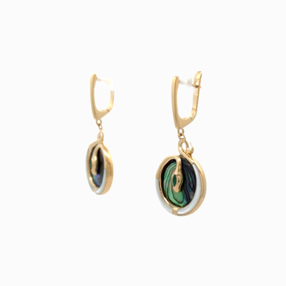 925 Silver Gold Plated Snake Earrings Abalone Inlay & White MOP & English Lock