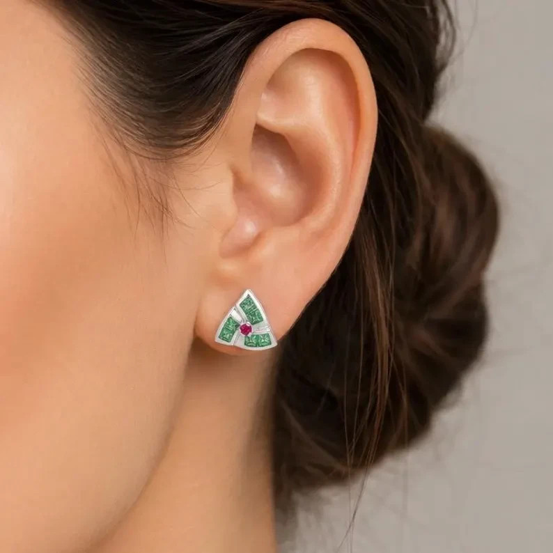 Natural Emerald & Ruby Stud Earrings 925 Silver Geometric May Birthstone Gift