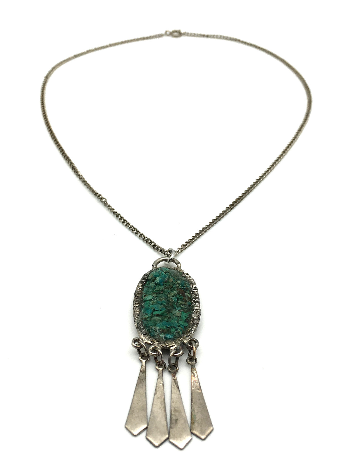 Handmade Nickle Silver Oval Pendant Turquoise Chips Dangling 18″ Chain Necklace