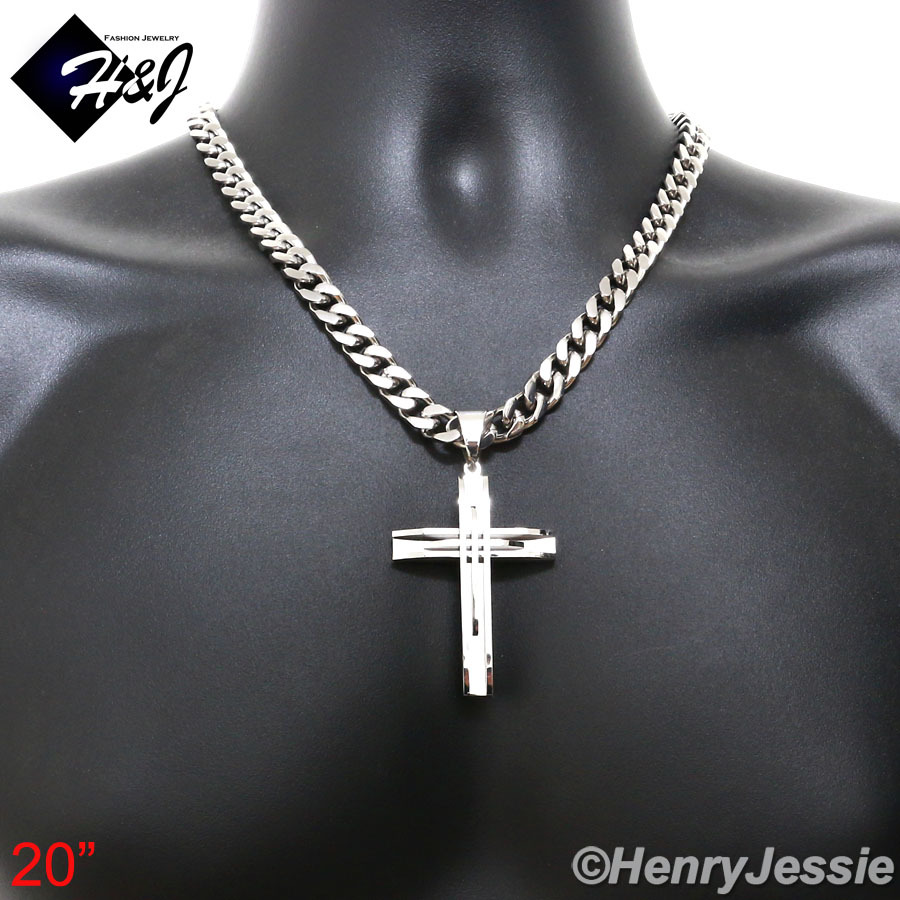 18″-40″MEN Stainless Steel 9mm Silver Cuban Curb Chain Necklace Cross Pendant*A