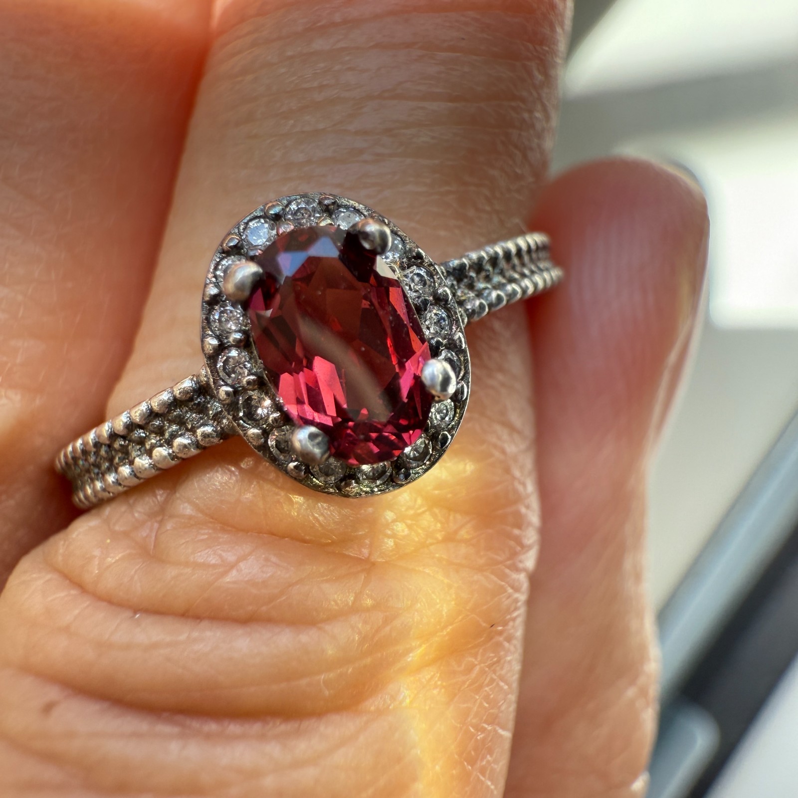 925 Sterling Silver Ring 6x4mm Natural Rhodolite Garnet Zircon Flower Red Gift