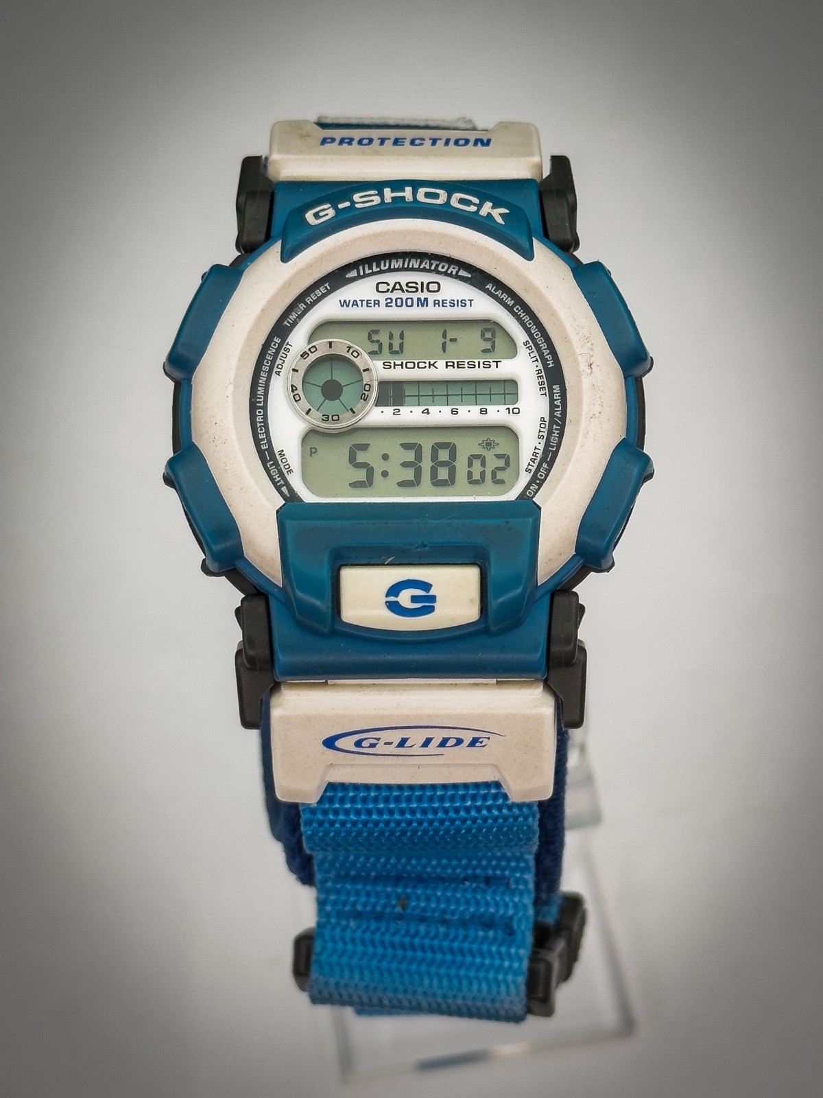 Vintage Casio G-Shock G-Lide DW-003 Blue White Nylon Cloth Strap Watch 90s