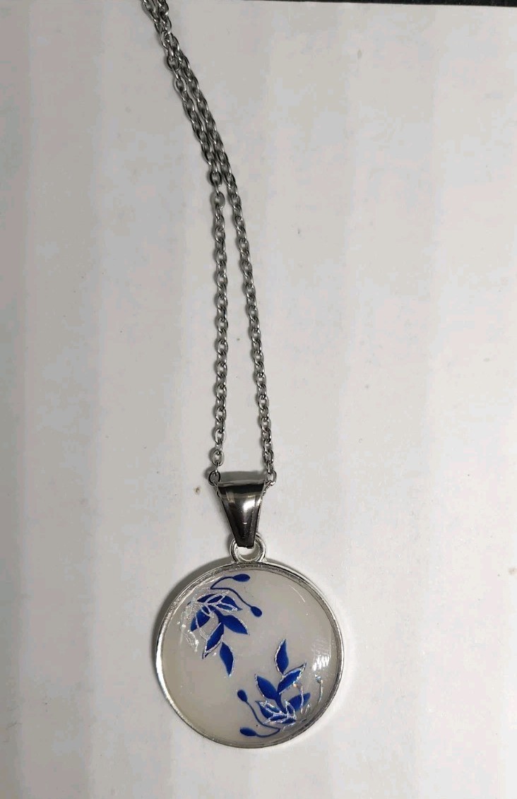 Handmade Resin Necklace – Stainless Steel Chain – Blue Floral Botanical Design