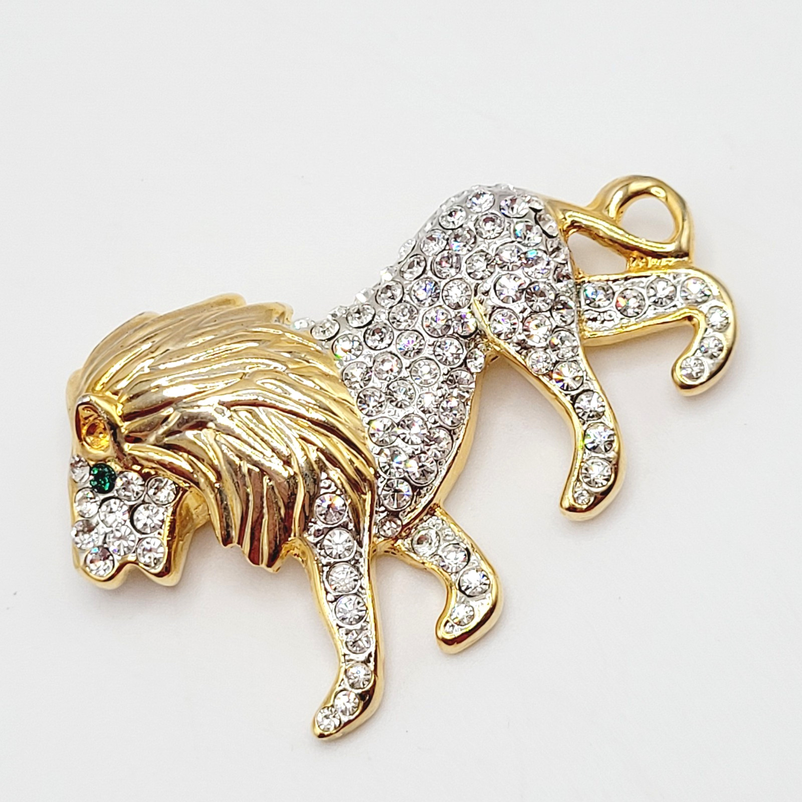 Lion Walking Curled Tail Green Eye Pave Sparkling Crystal Gold Tone Vtg Brooch