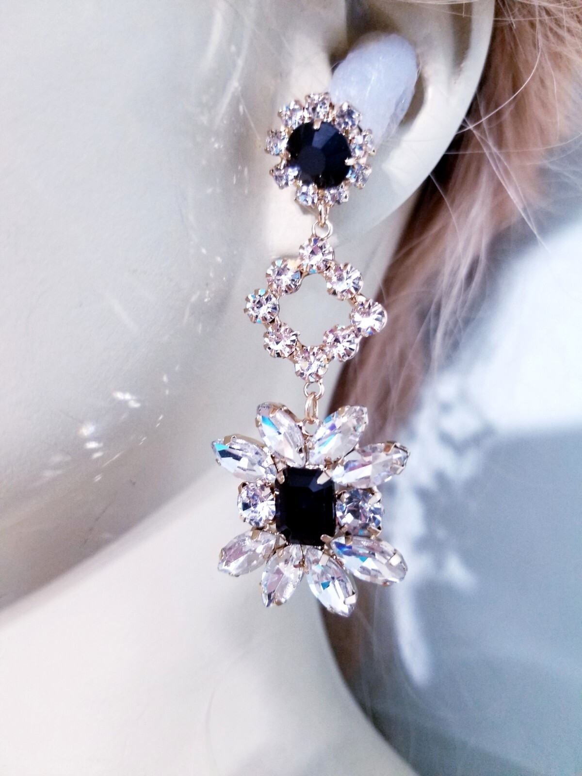 Bridesmaid Drop Dangle Chandelier Earrings 2.8 in Black Rhinestone Pageant Prom