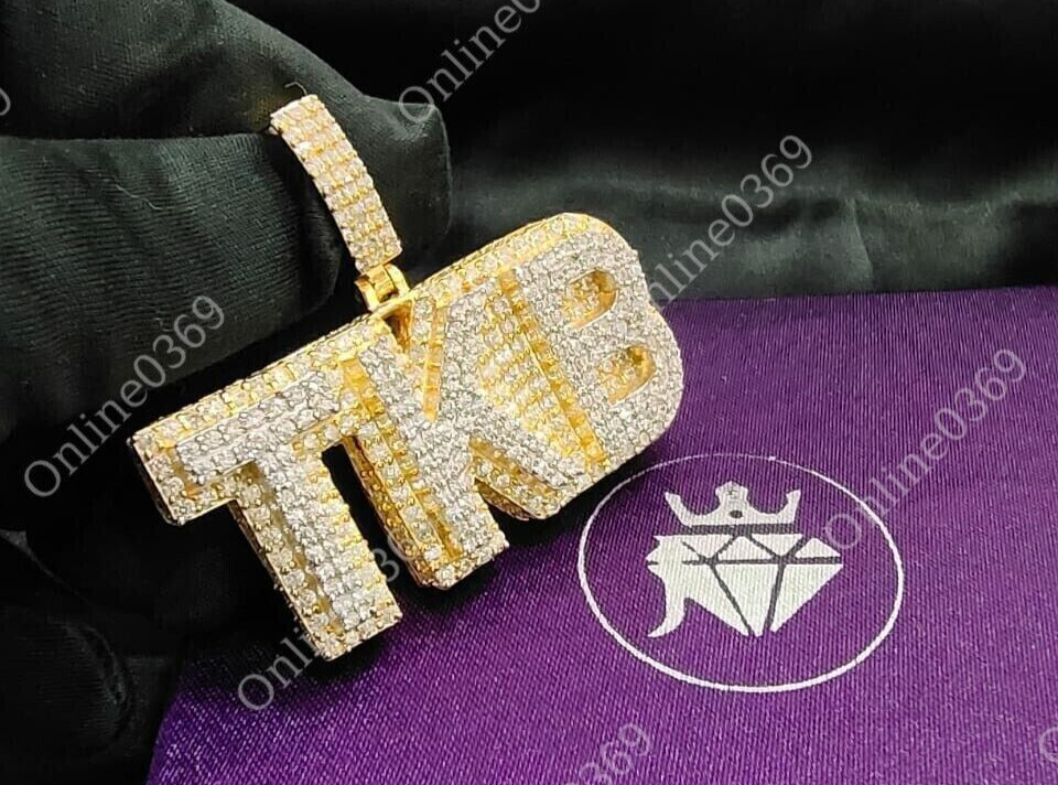 1 ct RD Cubic Zirconia mens custom name letter Pendant Yellow Gold Plated Silver