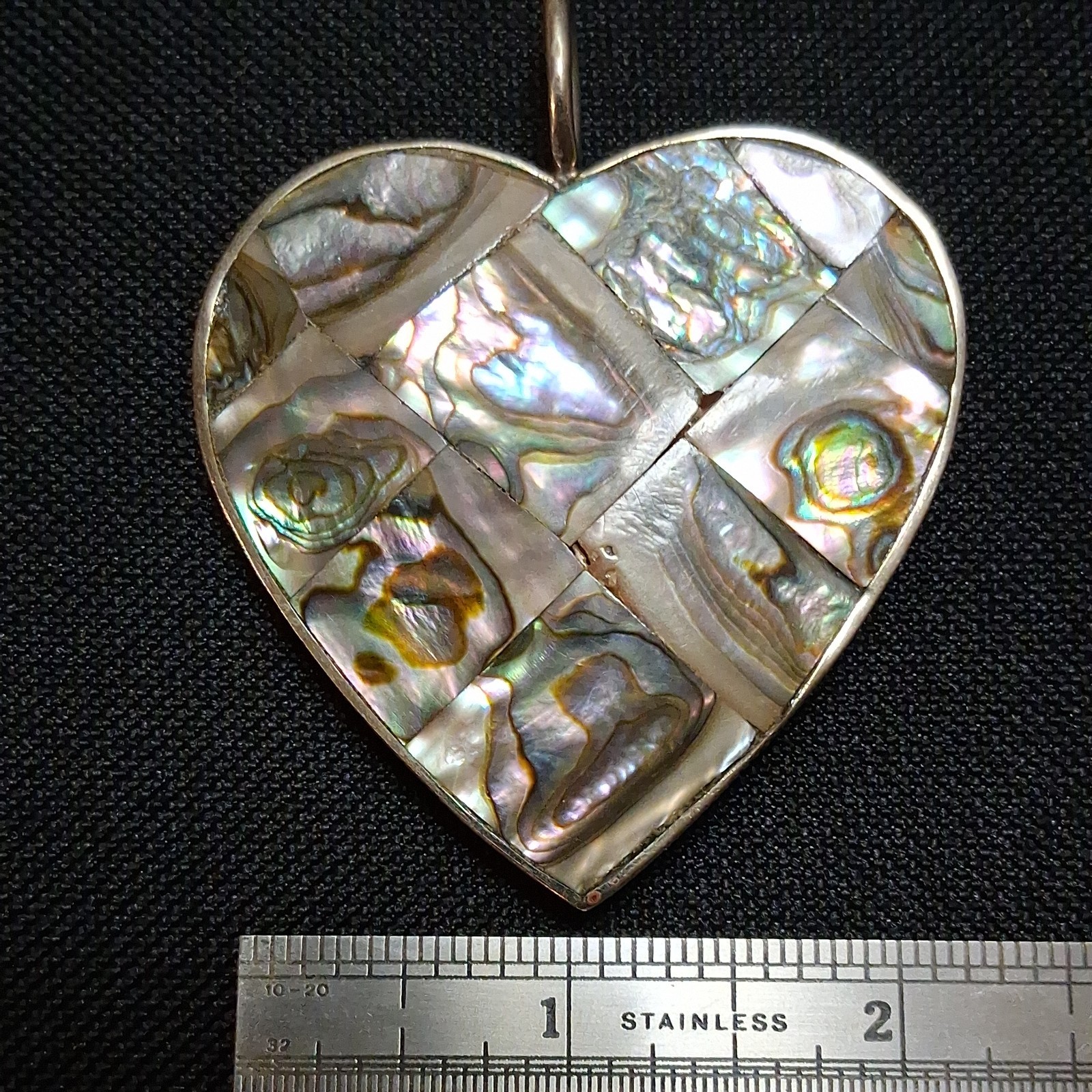 BIG TAXCO MEXICO HEART ABALONE SHELL DOUBLE SIDE REVERSIBLE PENDANT 925 STERLING