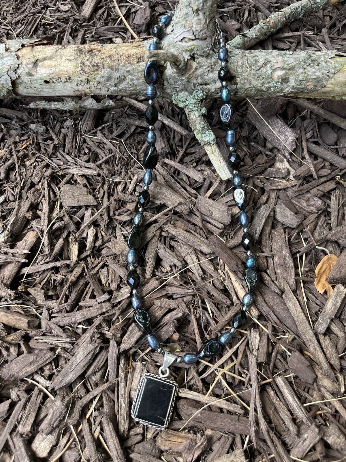 Black Agate 925 Pendant with Black Pearl, Agate & Hematite Accents ~ Handcrafted