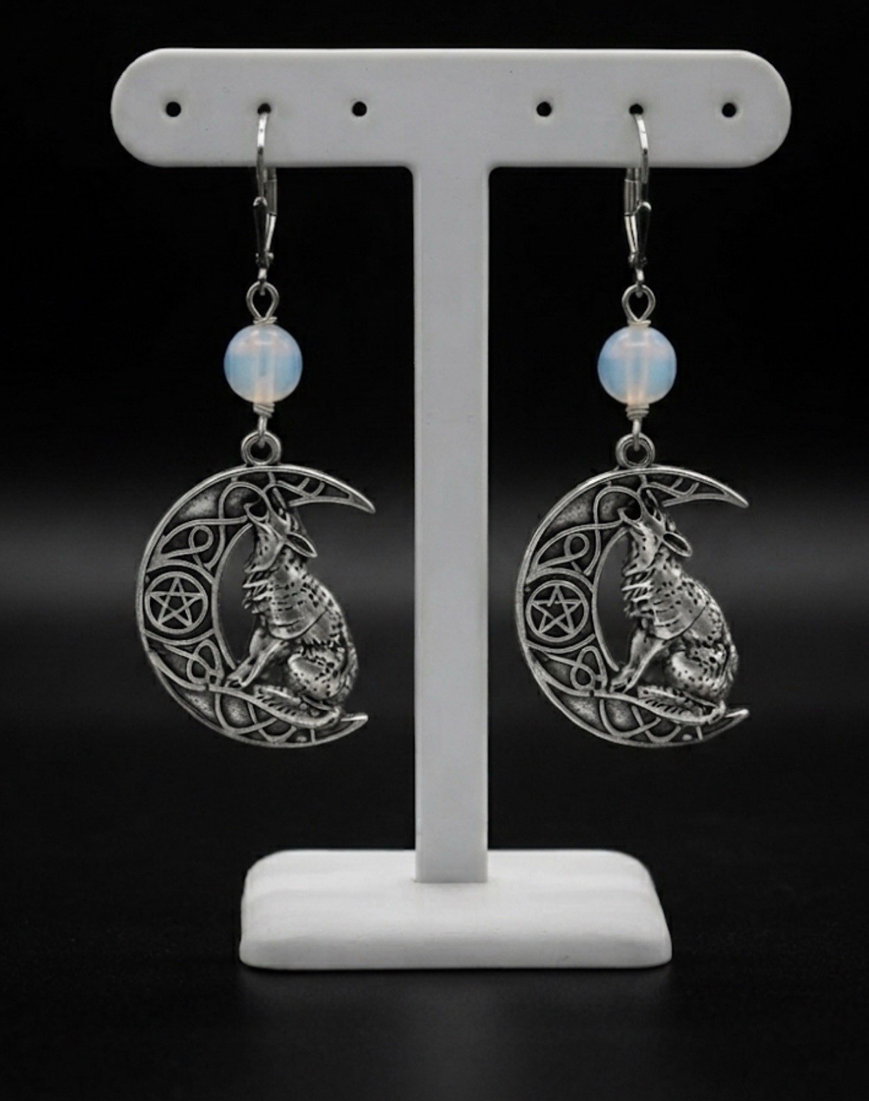 Silver Moon and Wolf Earrings