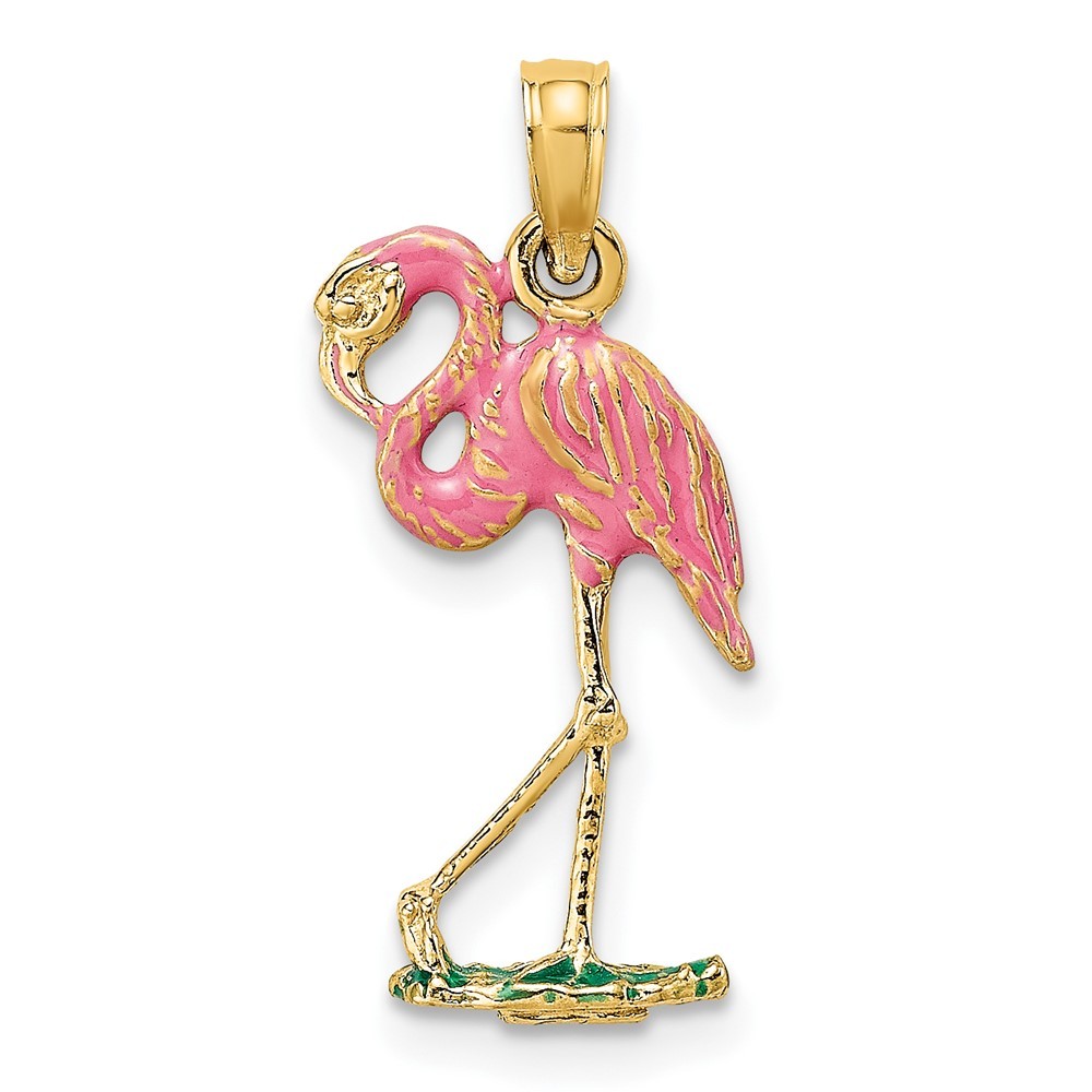 10K Yellow Gold 3-D Pink Enamel Flamingo Charm Pendant L 19.4mm, W 10.9mm