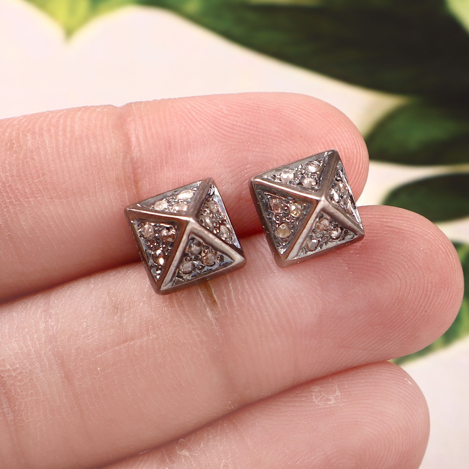 Natural Rose Cut Diamond pyramid studs Earrings 925 Sterling Silver Handmade