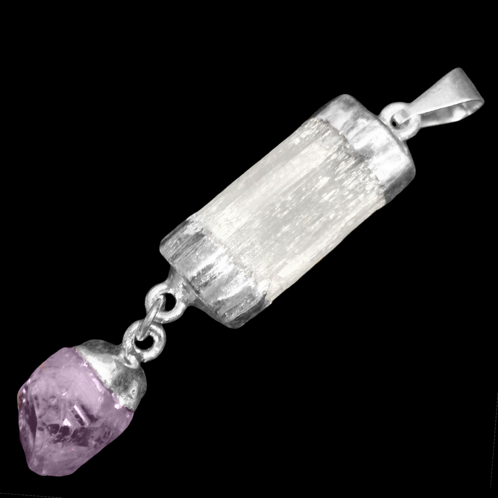Selenite Amethyst Chakra Crystal Pendant CHARGED 925 Sterling Silver Necklace He