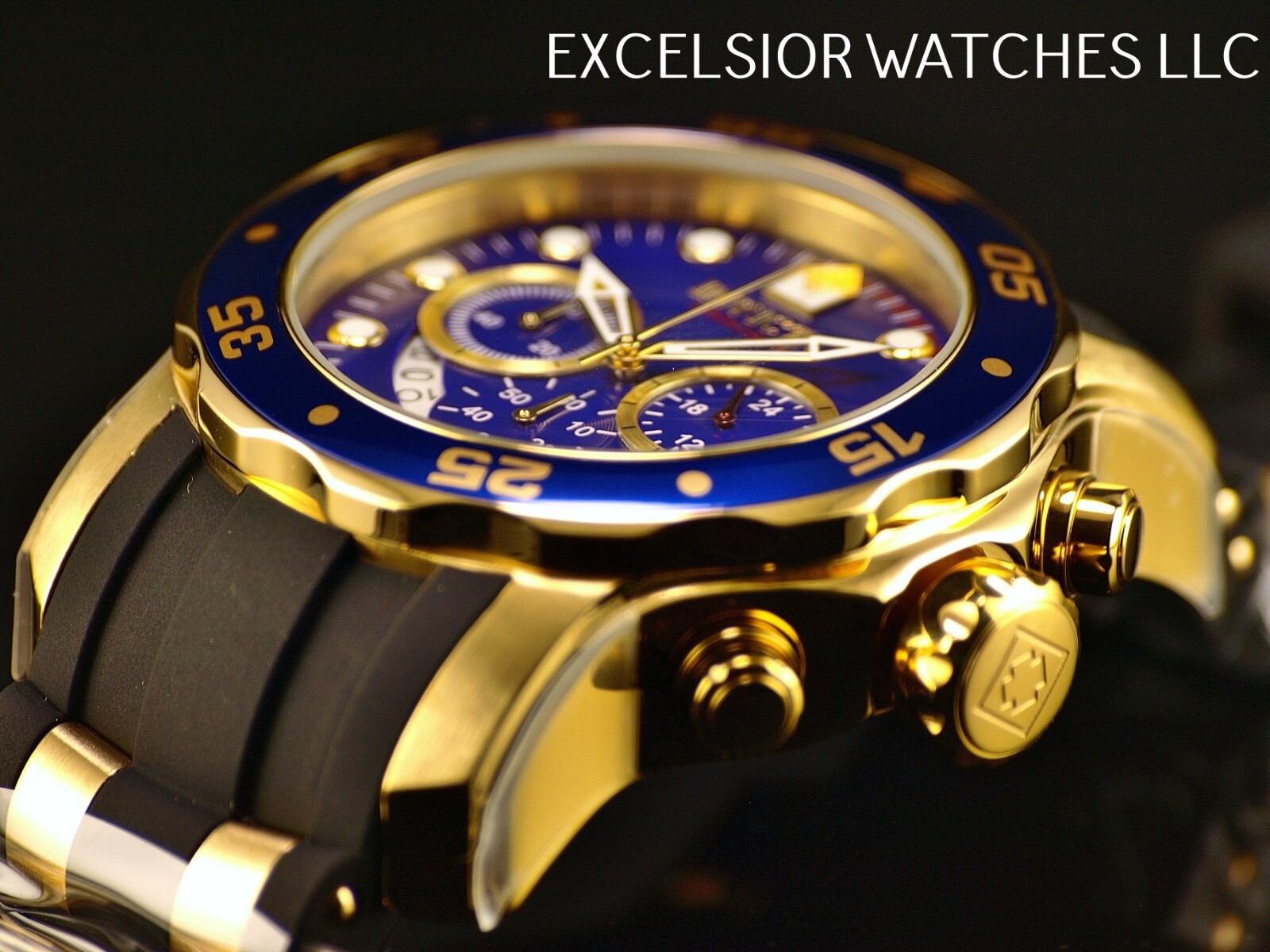 Invicta Mens 48mm PRO DIVER SCUBA Chronograph BLUE Dial 18K Gold Plated SS Watch