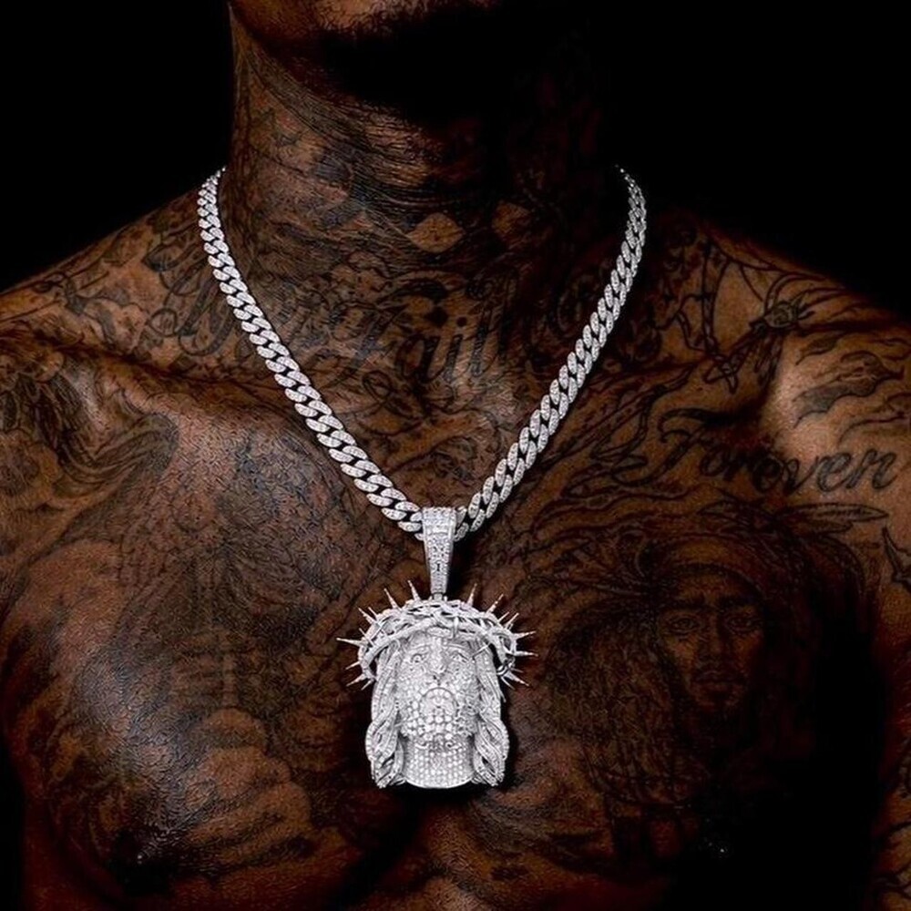 iced Out Thorn Crown Jesus Head Pendant, 20 Inch Cuban Chain 9mm