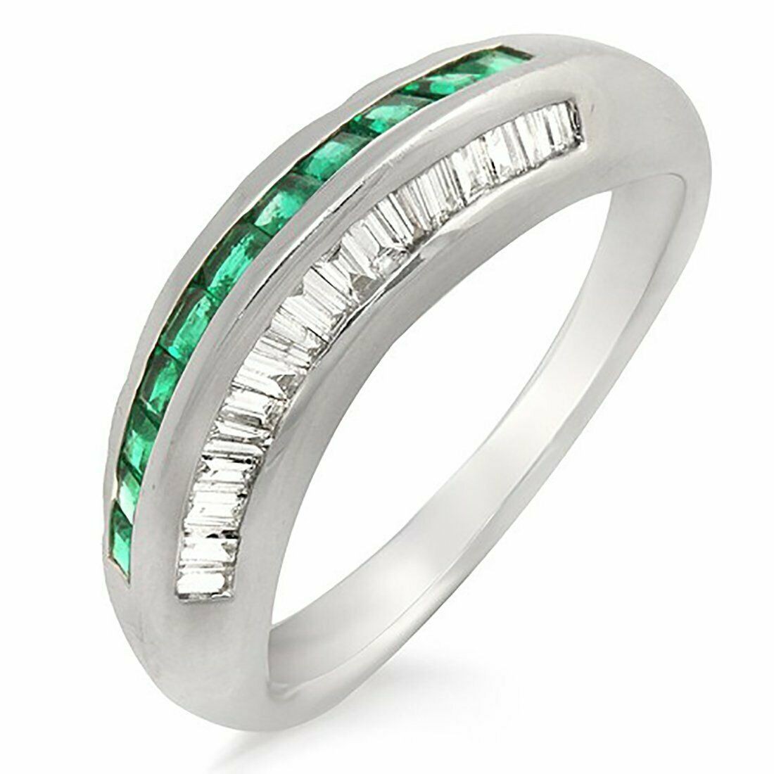 0.38 Emerald & 0.27 CT Diamonds in 18K Gold Wedding Band Ring