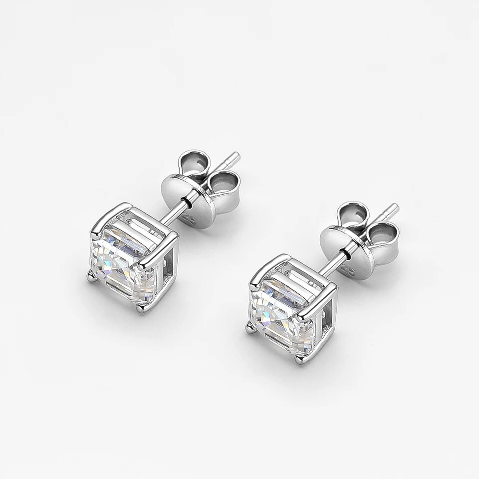 Moissanite Stud Earrings Square Asscher Cut 925 Sterling Silver 1ct 2ct GRA