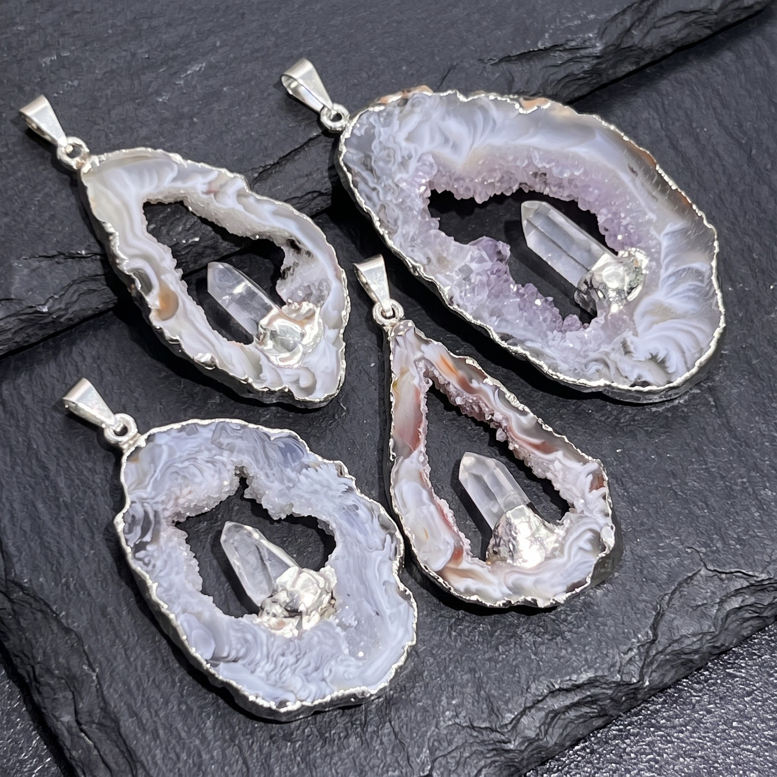 Oco Geode Druzy with Quartz Crystal Point Pendant (Silver Plated) Wholesale