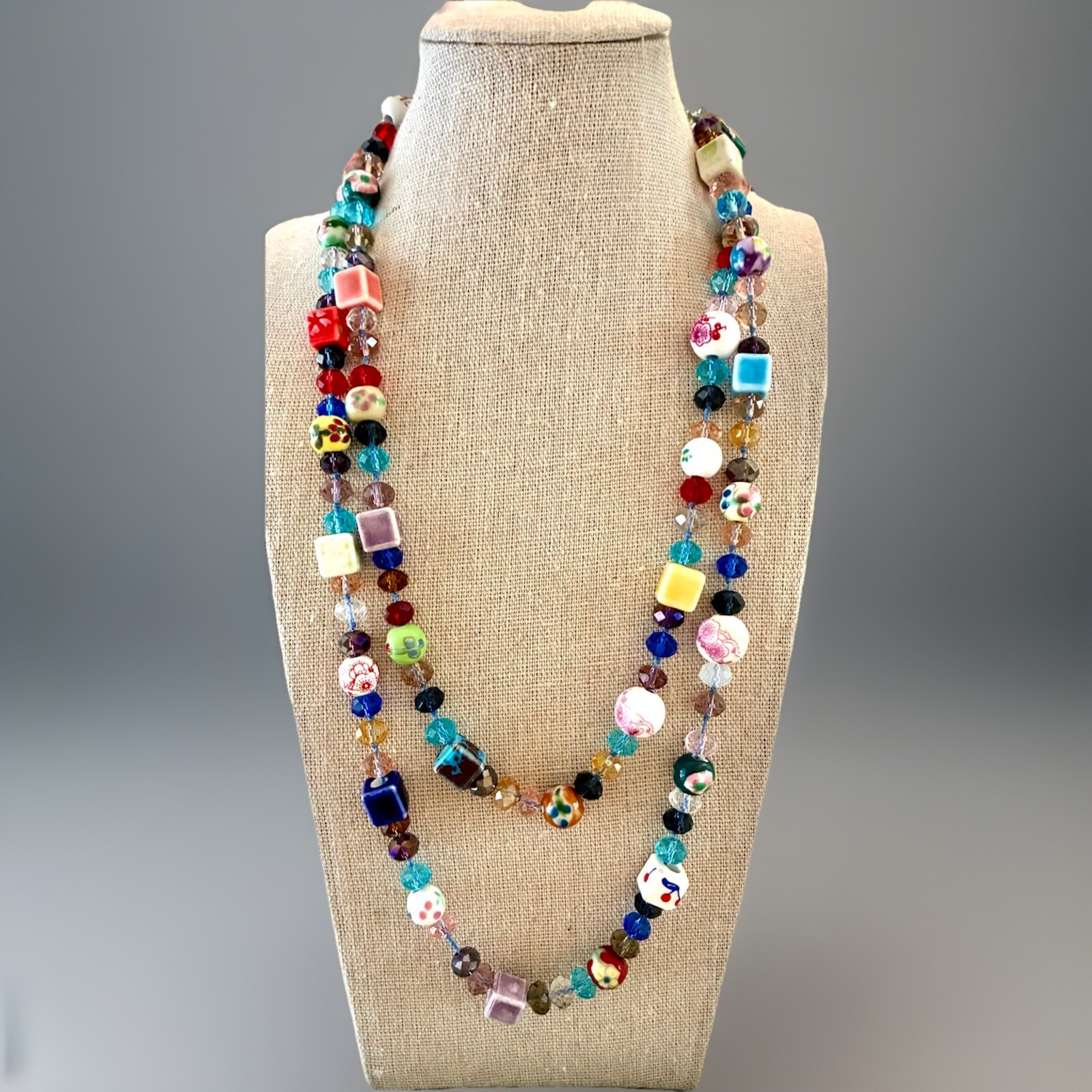 Necklace Colorful Mixed Media~Glass Beads,HandPainted Ceramic Sq/Rnd Beads 22”