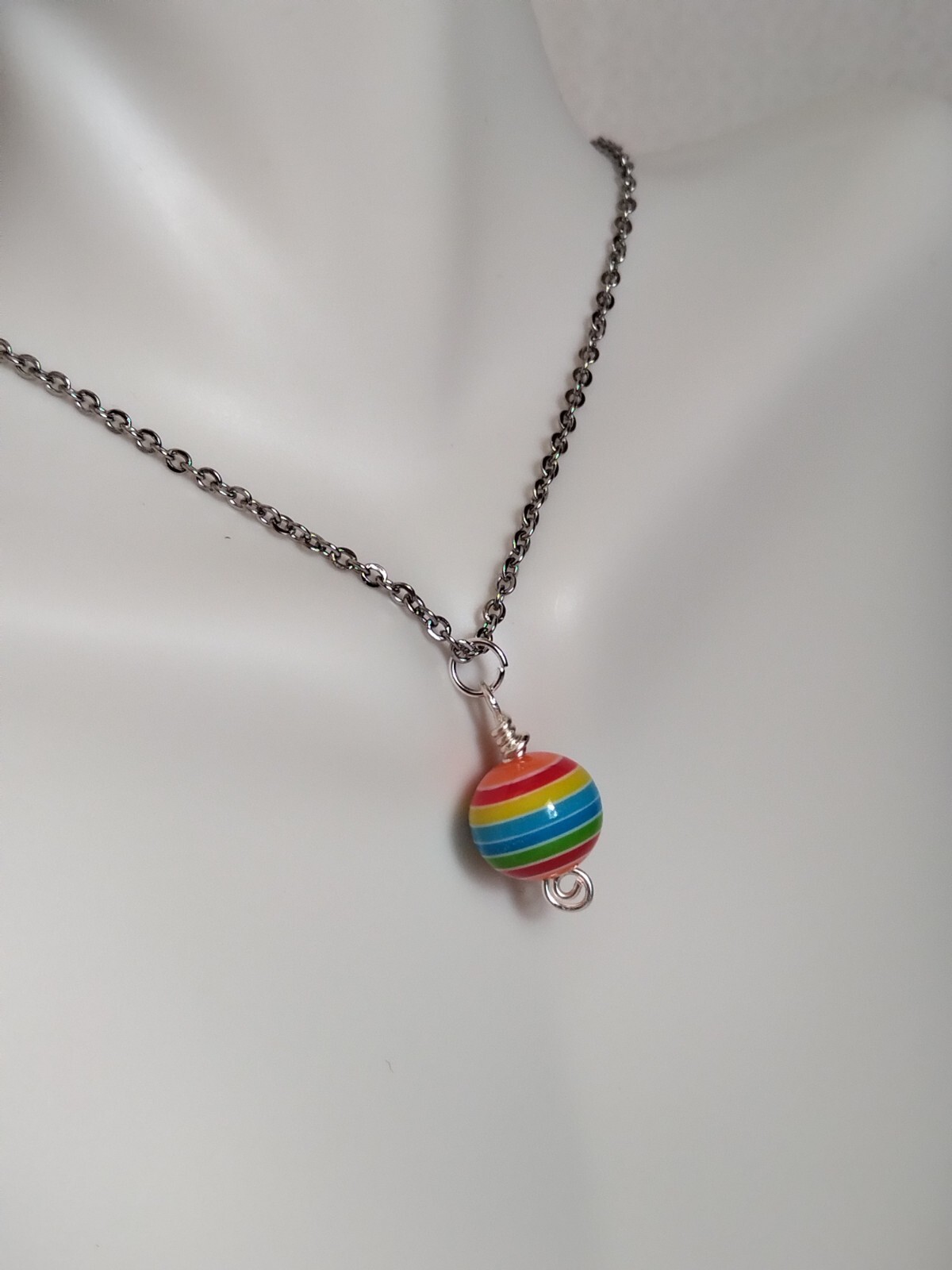 Rainbow Stripe Resin Bead Pendant Necklace Handmade Stainless Steel Chain