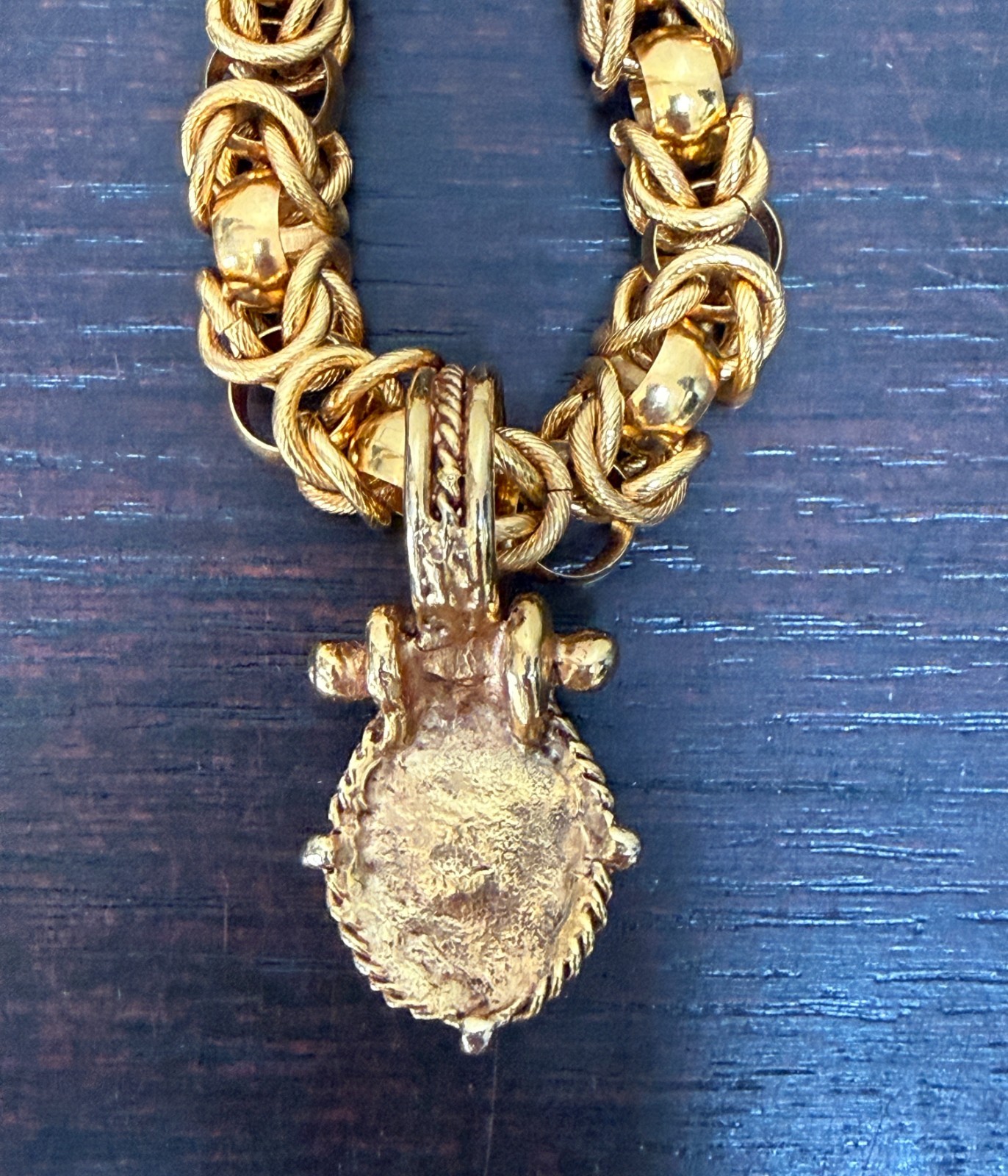 Vintage Bijoux VanWyk Gold Tone Necklace Green Cabochon Pendant Statement Signed