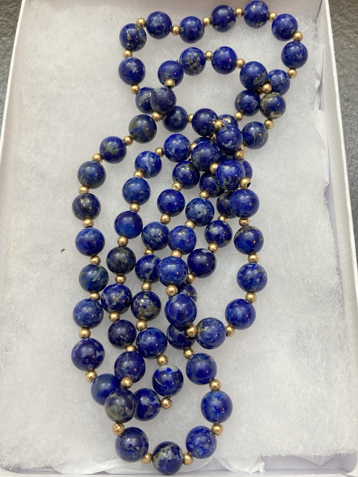 Estate Vintage 30” 7mm Blue Lapis Lazuli & 2mm 14K Gold Beaded Necklace, 57.3g