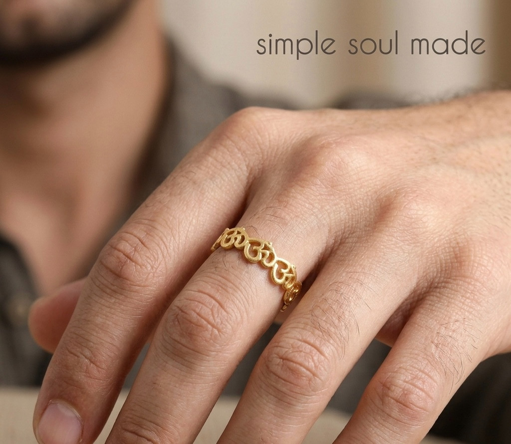 14K Gold Plated Om Symbol Ring 925 Sterling Silver Yoga Meditation Band Gift