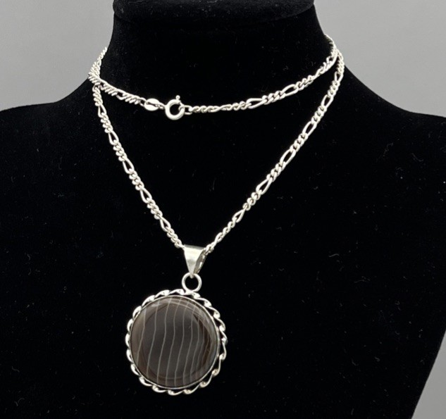 Sterling Silver Banded Agate Sardonyx Pendant Necklace 925 Italy Chain 51cm