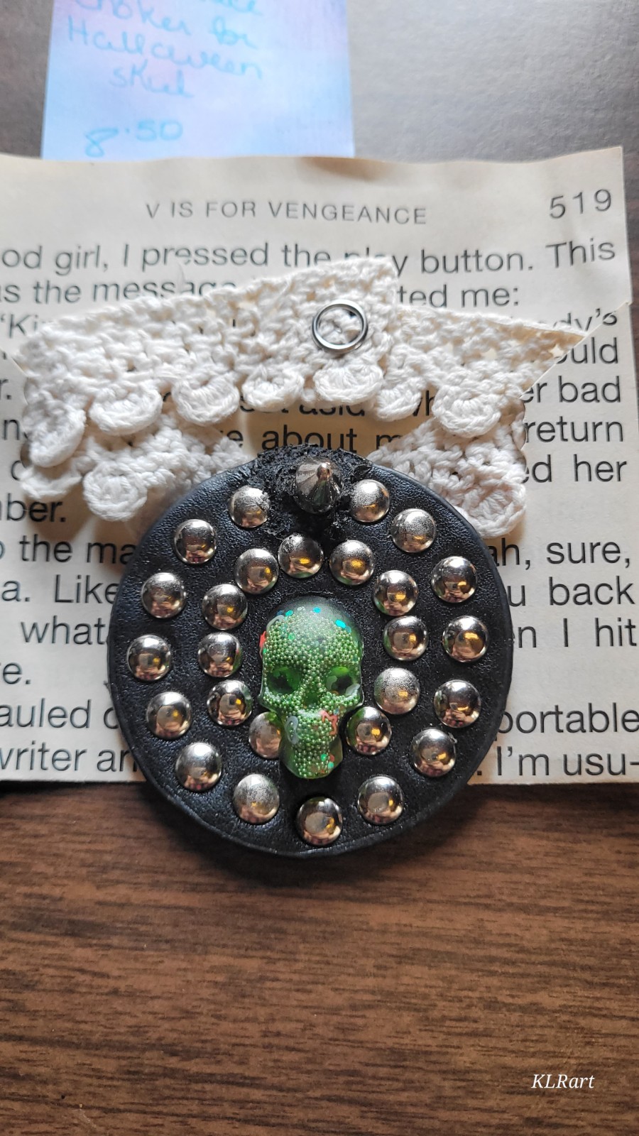 Homemade faux leather snap lace epoxy skull choker, Halloween themed