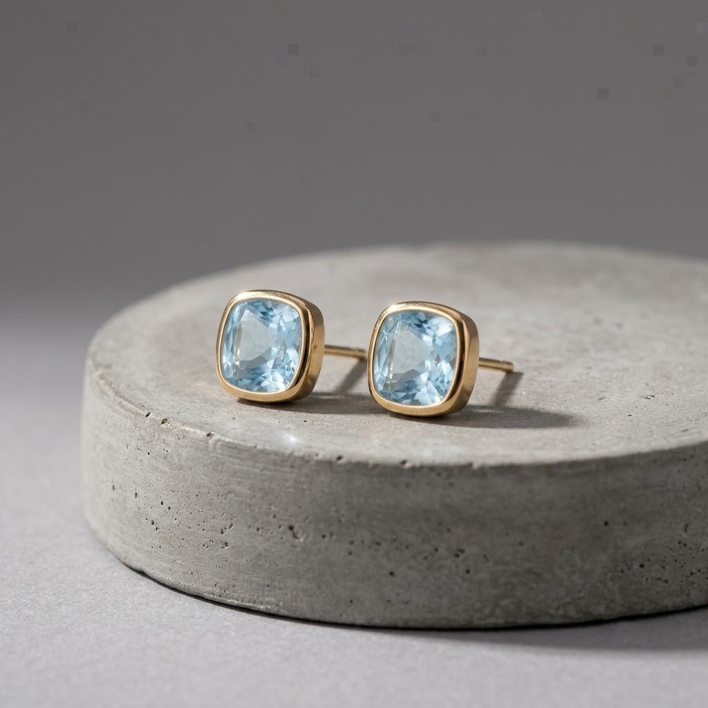 Solitaire Cushion Cut Aquamarine Daily Wear Stud Earrings Solid 14k Yellow Gold