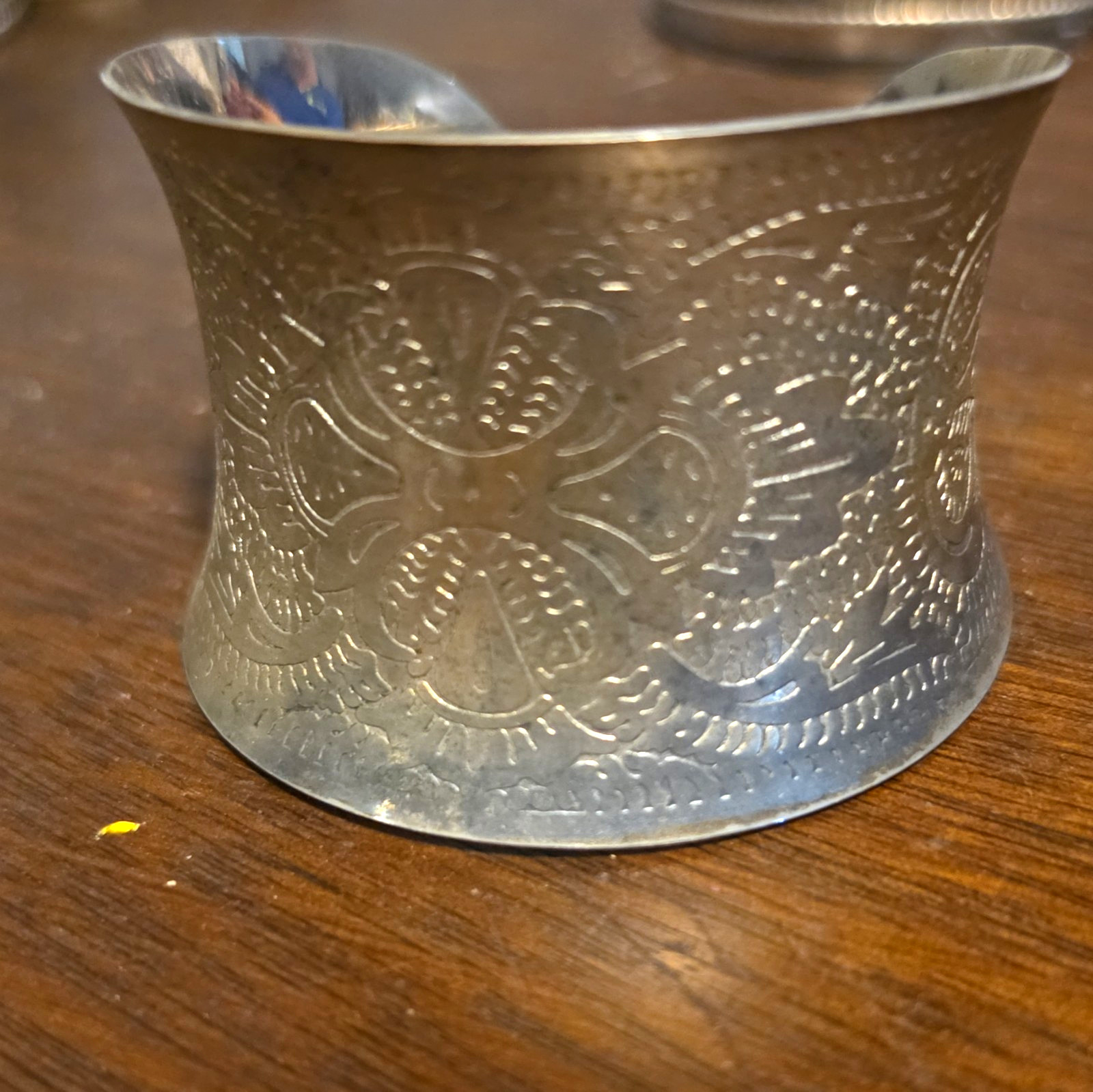Wide Silver Tone Metal Engraved Floral Cuff Bracelet, No Stone