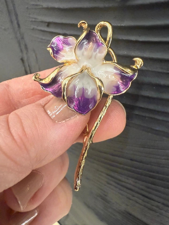 New Orchid Enamel Flower Brooch, 2.28-Inch, 14K Gold‑Plated Pin