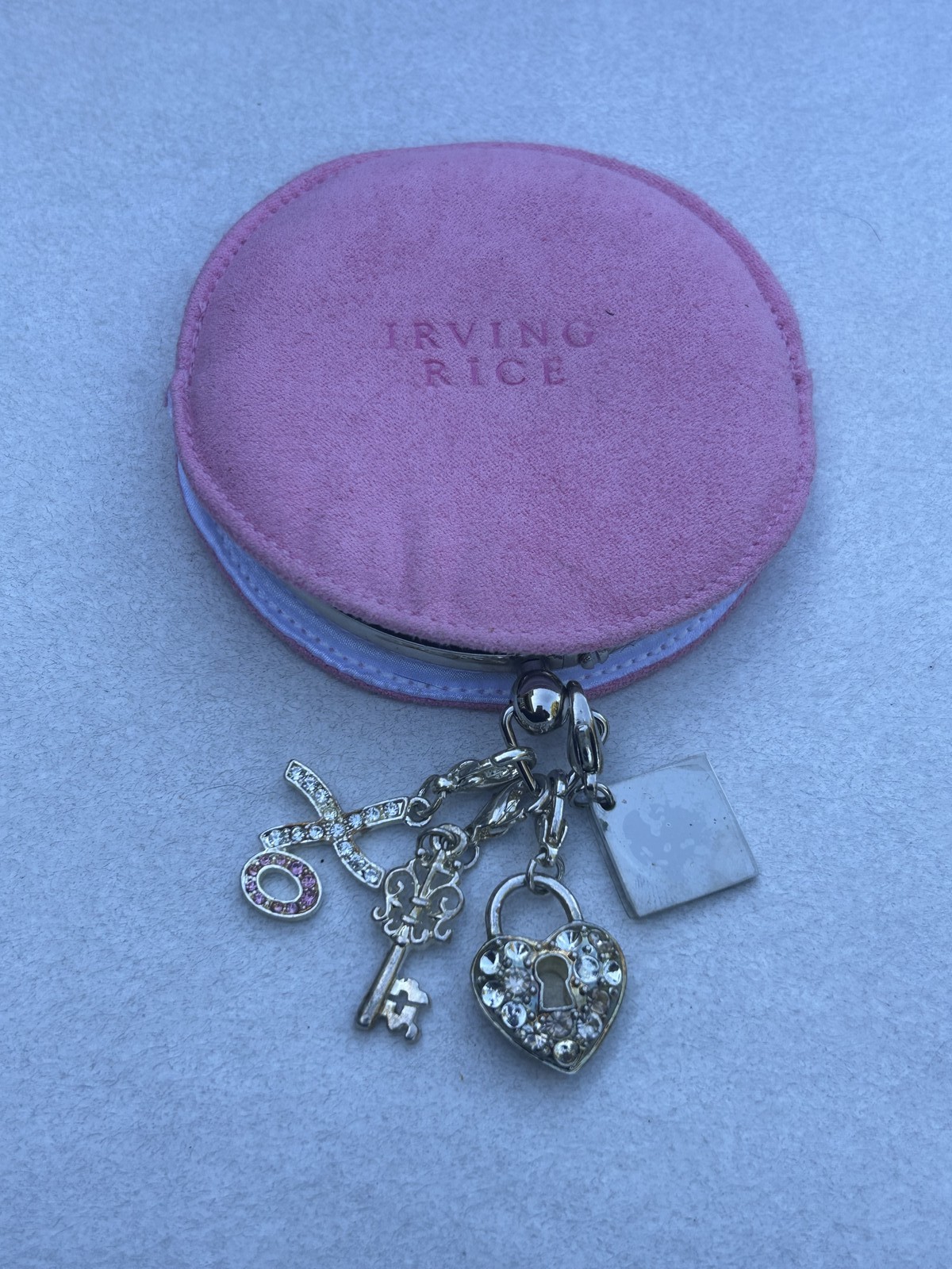 Irving Rice Pink Compact Mirror Charm Dangler XO Key Heart Lock Rhinestone Bag
