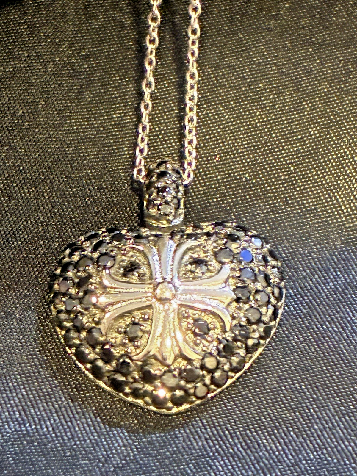 925 Sterling Silver Rhodium Black CZ Heart Cross Pendant Necklace 16″ + 2″