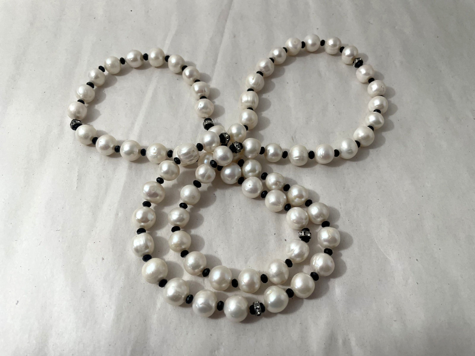 Long 36″ Freshwater Pearl Necklace Black Spacer Beads Statement Strand 132g