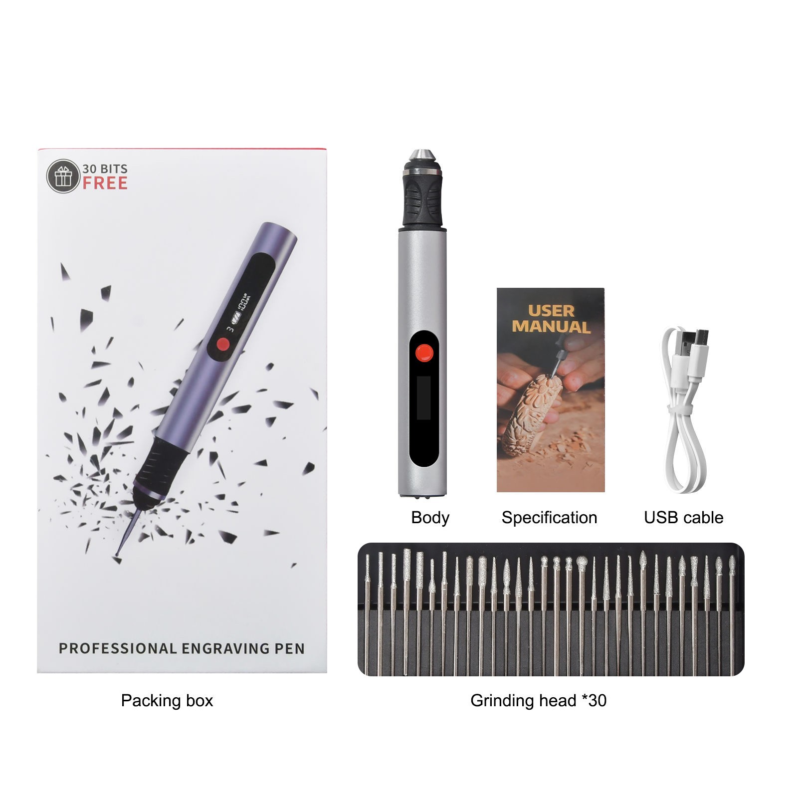 USB Rechargeable Engraving Pen with 30x Bits Mini Electric DIY Engraver Cordless