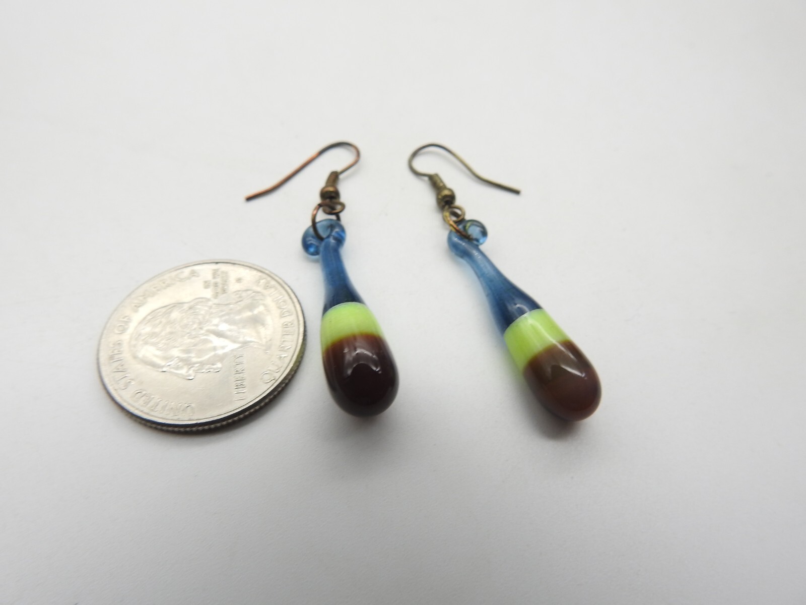 Brown Green Blue Striped Hand Blown Glass Bead Dangle Pierced Earrings Vintage