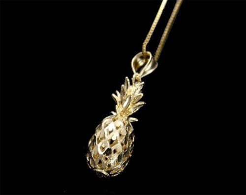 SOLID 14K YELLOW GOLD HAWAIIAN DIAMOND CUT 3D PINEAPPLE CHARM PENDANT 9.2MM