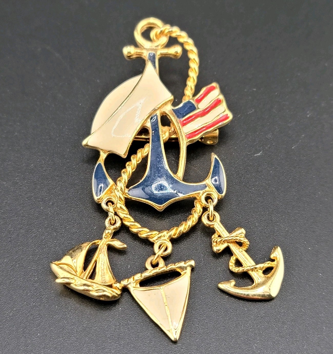 Vtg Brooch Pin Anchor Sailor American Flag Boat Ship Military Patriotic Jewelry