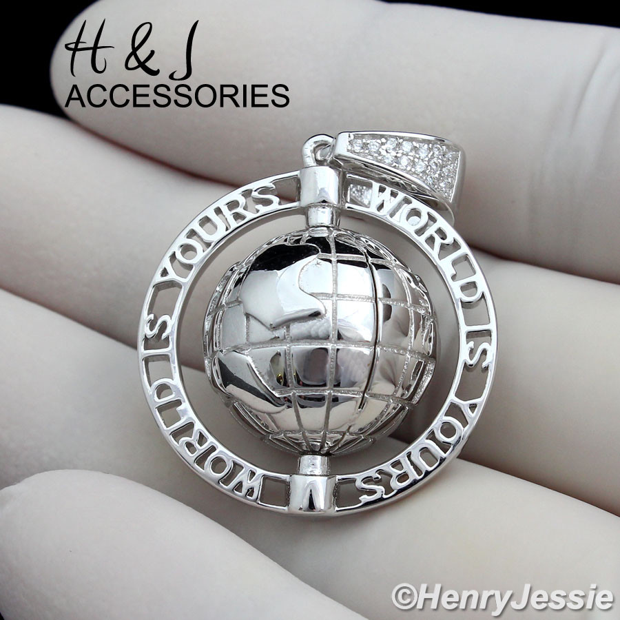 MEN SOLID 925 STERLING SILVER ICY BLING CZ “WORLD IS YOURS” CHARM PENDANT*ASP138