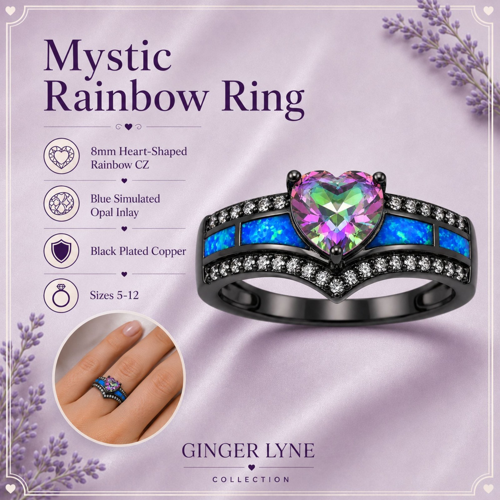 Black Engagement Ring for Women Mystic Topaz CZ Heart Promise Ring Gift for …